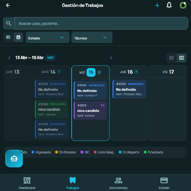 Vista semanal de trabajos en LabPro